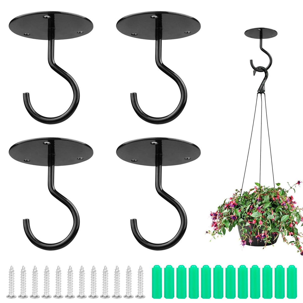 HASTHIP® 4Pcs Heavy Duty Metal Ceiling Hooks with Screws for Hanging Plants, Flower Pots, String Lights, Wind Chimes, Bird Feeders, Wall Mounted Hooks for Balcony, Porch, Garden, Black
