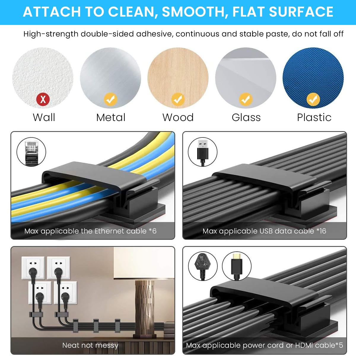 HASTHIP Cable Management Clips for Wall and Desk with Self Adhesive Backing 50Pcs | Tidy Wire Organizer