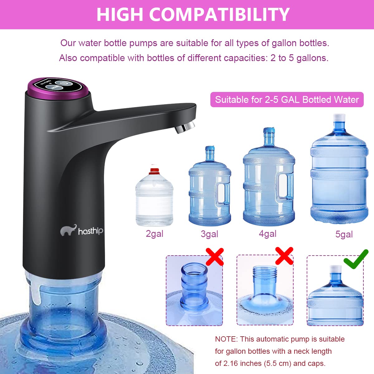 HASTHIP Automatic Water Dispenser Pump, Portable Can Water Dispenser Pump with USB Rechargeable Battery Suitable for Water Can with A 2.16-Inch (5.5cm) Neck, for Home, Office,5 Gallon