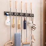 HASTHIP® Aluminum Wall Mop Holder, No Drill Push-in Mop Holder Organizer with 6 Hooks, Space Saving Cleaning Tool Organizer for Bathroom Garage