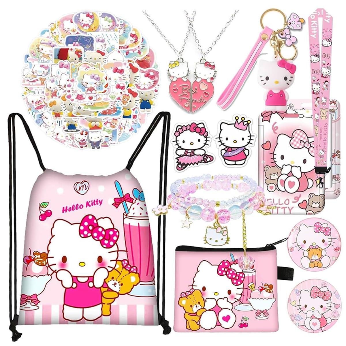 HASTHIP® 12Pcs Kawaii Sanrio Stuff Kitty School Supplies Set, Hello Kitty Sanrio Stationery Set with Drawstring Bag Coin Wallet Bracelet Keychain Necklaces Button Pins Stickers Lanyard for Kids Adults
