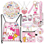 HASTHIP® 12Pcs Kawaii Sanrio Stuff Kitty School Supplies Set, Hello Kitty Sanrio Stationery Set with Drawstring Bag Coin Wallet Bracelet Keychain Necklaces Button Pins Stickers Lanyard for Kids Adults