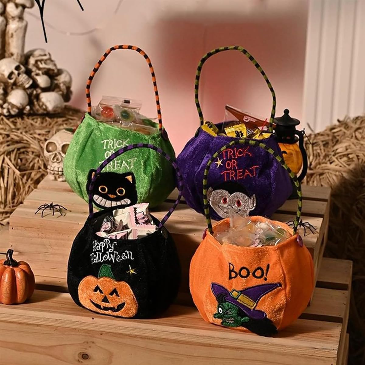 4Pcs Halloween Candy Basket Halloween Trick or Treat Candy Storage Bag for Kids Velvet Fabric Candy Handbag Treats Bag Halloween Kids Treat Snacks Storage Bag Halloween Home Decoration