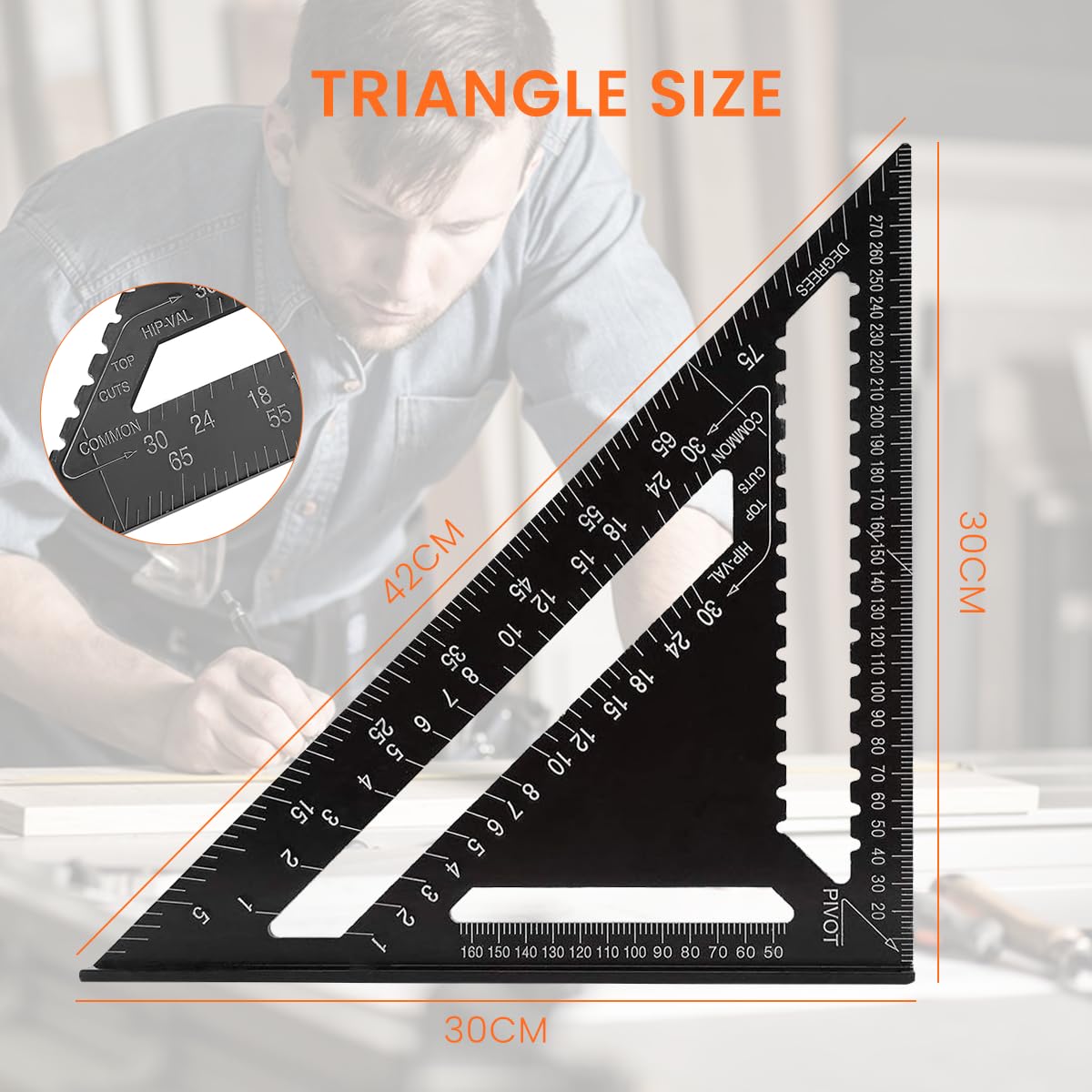 HASTHIP Triangle Ruler for Woodworking with Double Scale Laser Marks and Aluminum Alloy Construction | 12 Inch Metric Measuring Tool