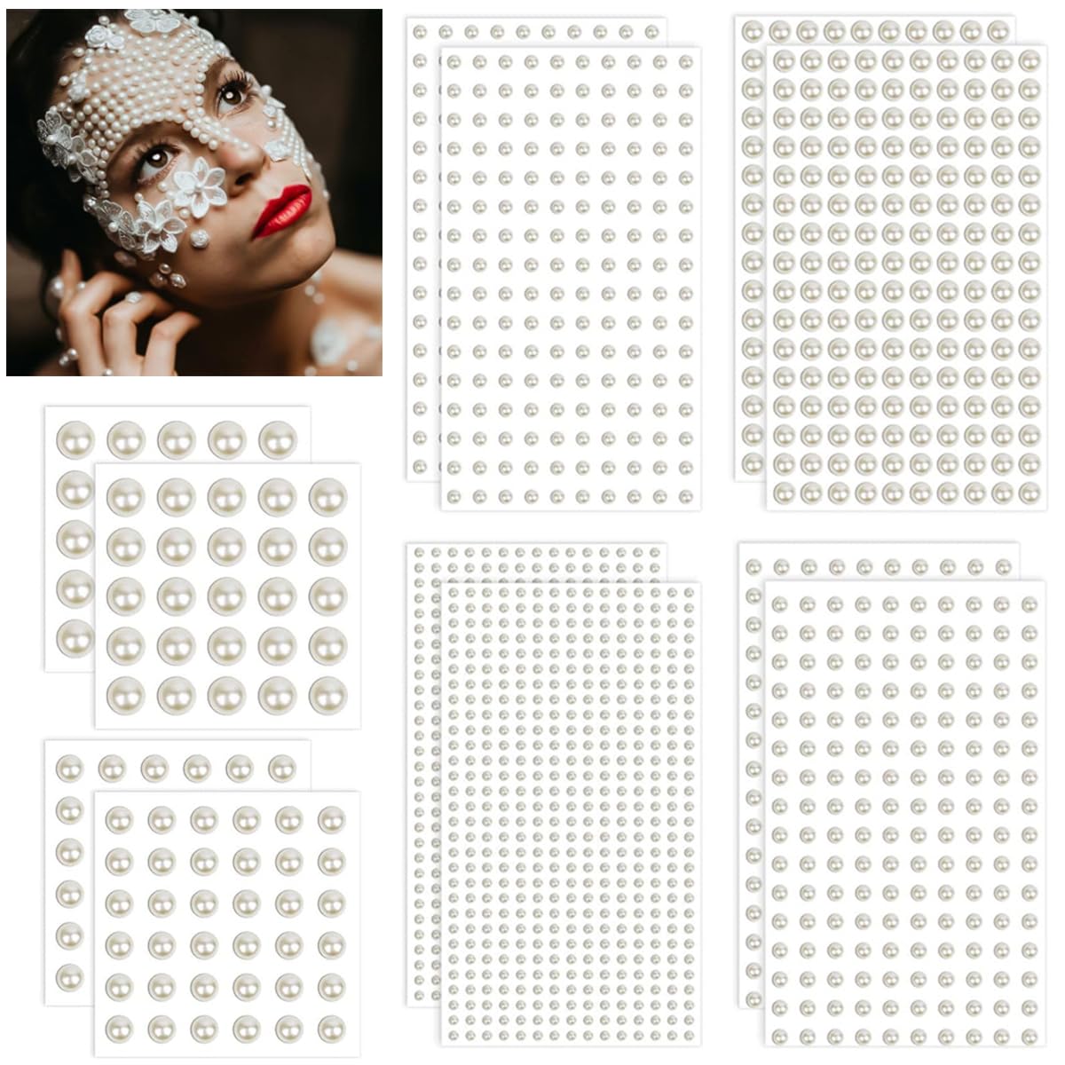 HASTHIP® 1980 Piezas Pegatinas de Perlas Autoadhesivas, Gemas Decorativas para Manualidades, Uñas, Cara, Cabello, Ojos, Maquillaje y DIY, Variados Tamaños y Blanco Brillante