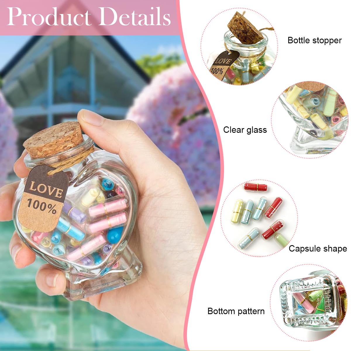 HASTHIP Message in a Bottle for Couples with 135 pcs Rolls and Heart Shaped Glass | Romantic Gift