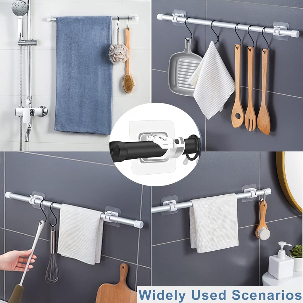 HASTHIP® 6 Pack Curtain Rod Brackets No Drill Adhesive Supports, Clear Acrylic Snap Closure Pole Holders for Window, Kitchen, Bathroom, Living Room