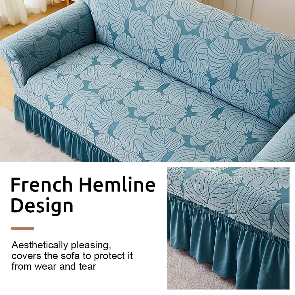 1PC Stretch Sofa Slipcover Couch Sofa Covers Washable Furniture Protector Full Sofa Bed Cover with Elastic Bottom and Skirt for Living Room, Light Blue (190-230cm)