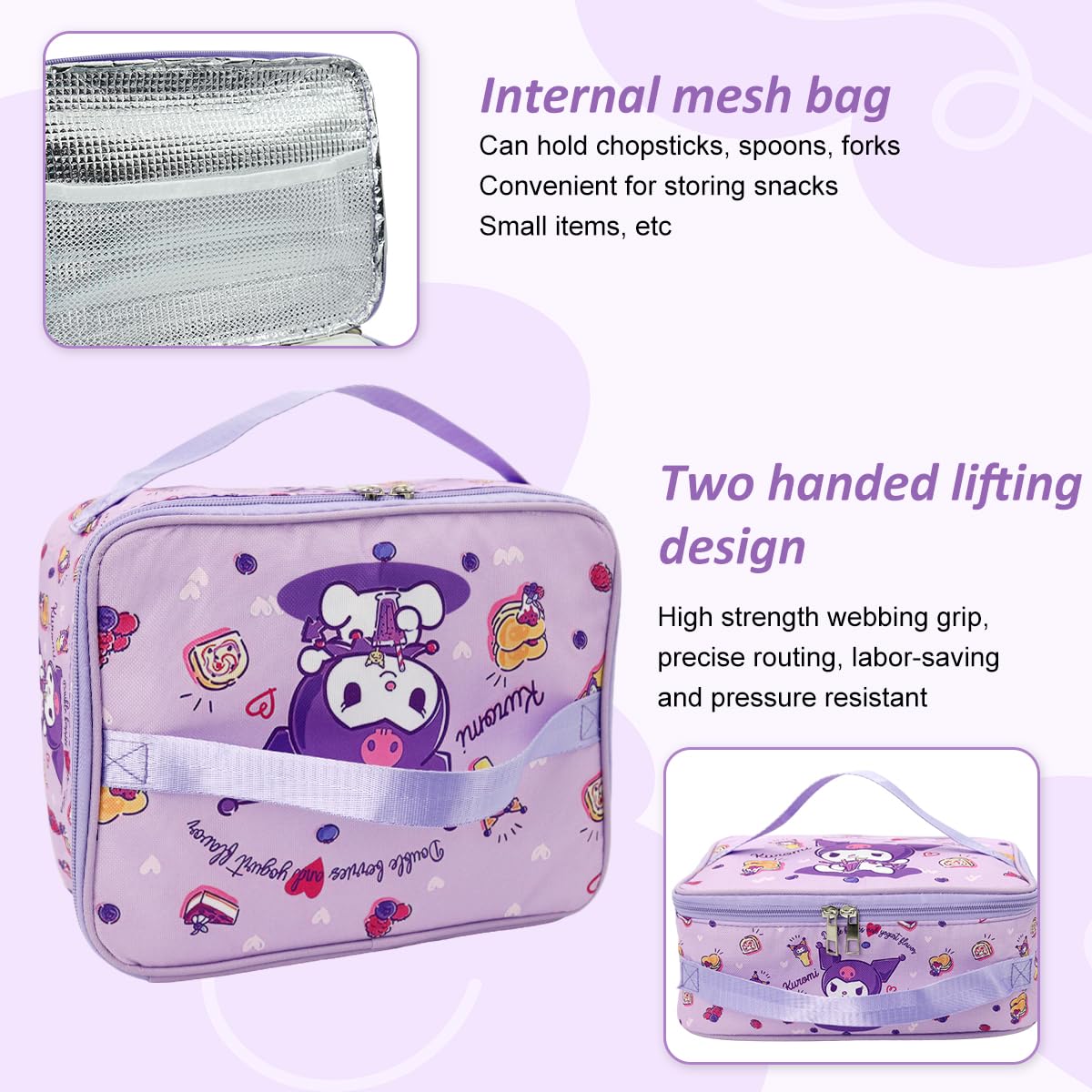 HASTHIP Cotton Insulated Bento Box Lunch Bag 11.4x8.3x3.9 in with Dual Handles | Purple for Kids and Adults