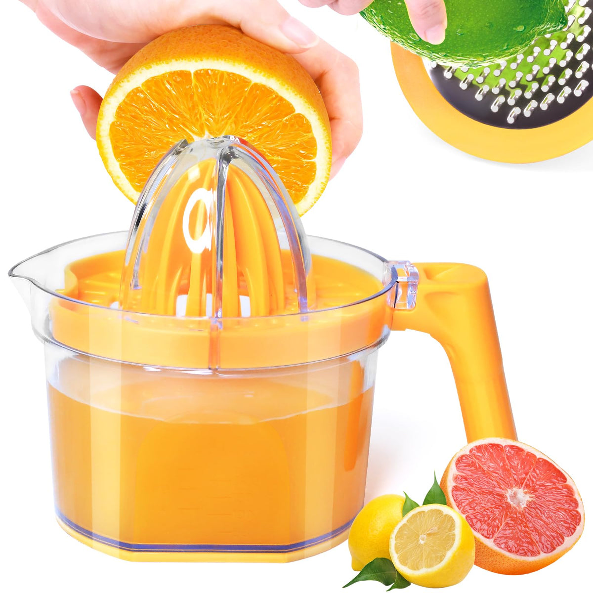 HASTHIP® 4 in 1 Manual Citrus Juicer, Multifunctional Orange Lemon Lime Squeezer with Detachable Handle, 16.9oz Large Capacity Hand Press Juice Extractor for Kitchen Use - Yellow