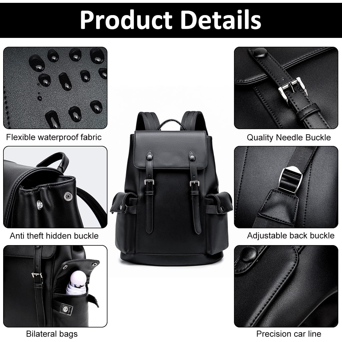HASTHIP® Leather Backpack for Men Black Laptop Computer Backpack Large Capacity Business Ladies Retro Leisure Travel Backpack