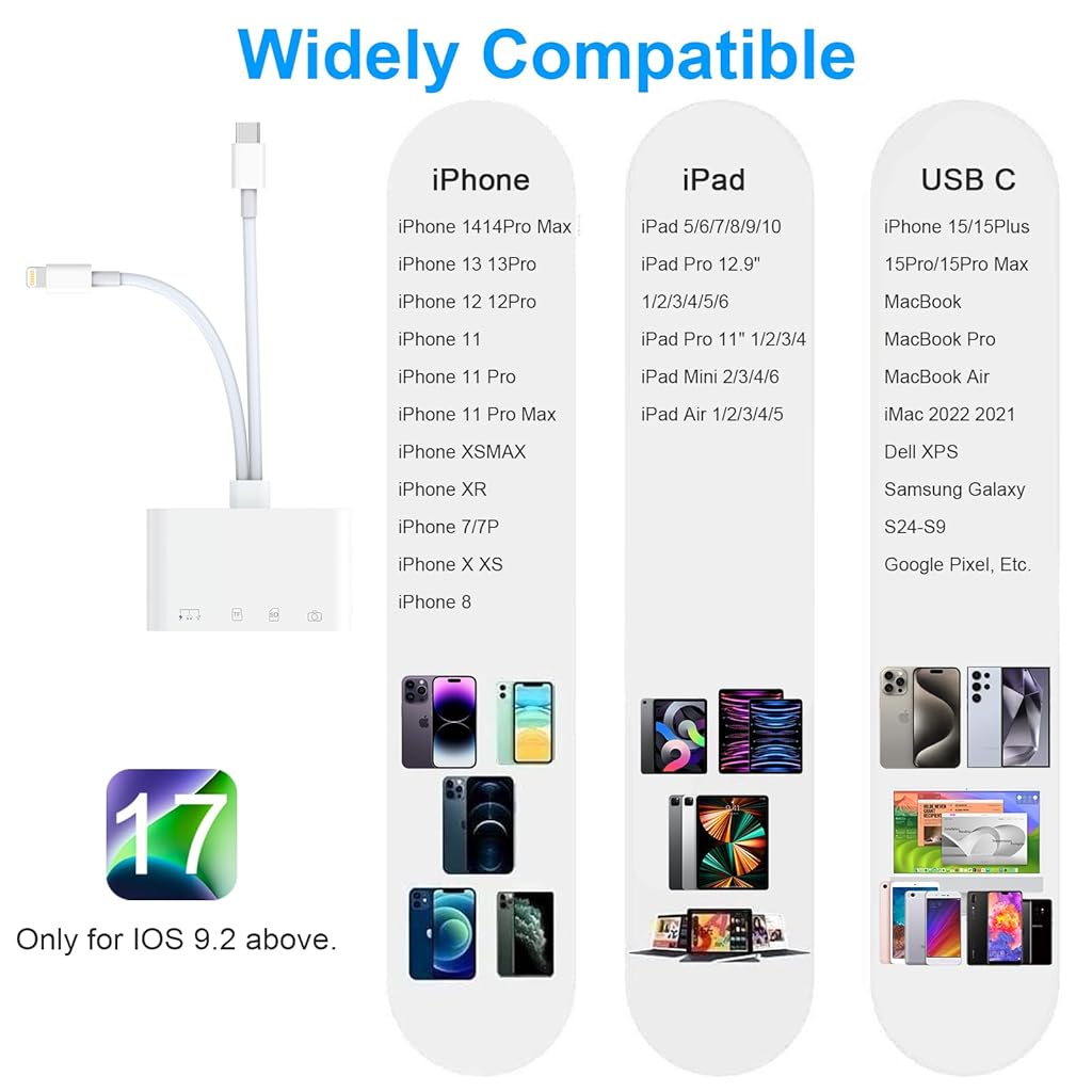 HASTHIP® 4 in 2 SD Card Reader for iPhone/iPad, USB C/Lightning to Micro SD/SD Card Adapter with SD MicroSD Type-C USB 4 Slots,