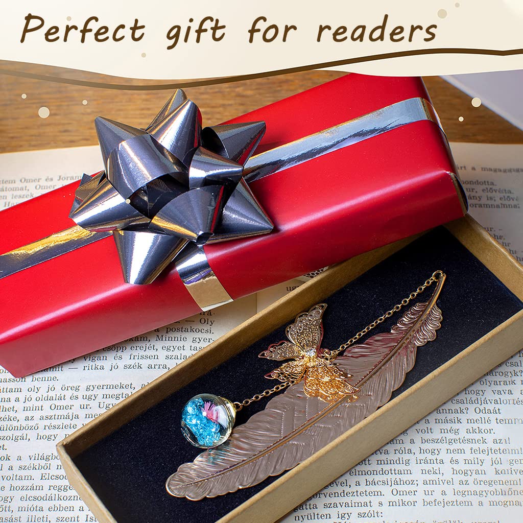 HASTHIP Metal Feather Bookmark for Reading with 3D Butterfly Pendant and Glass Beads | 3PCS