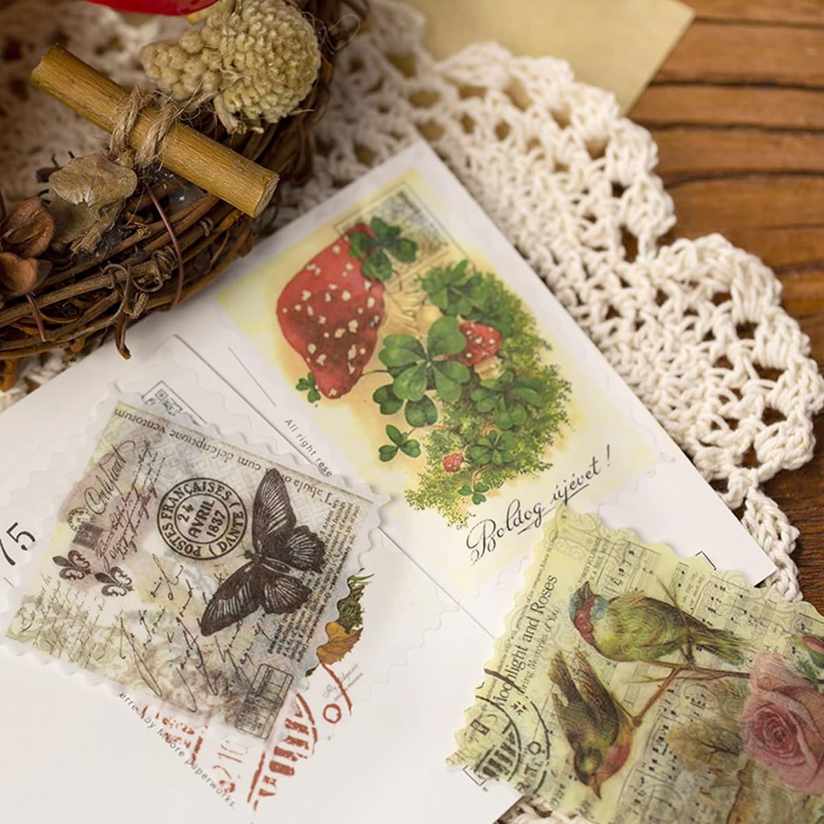 HASTHIP Vintage Postage Stamp Stickers for Scrapbooking with 240 pcs Washi Paper | Journaling and DIY Crafts