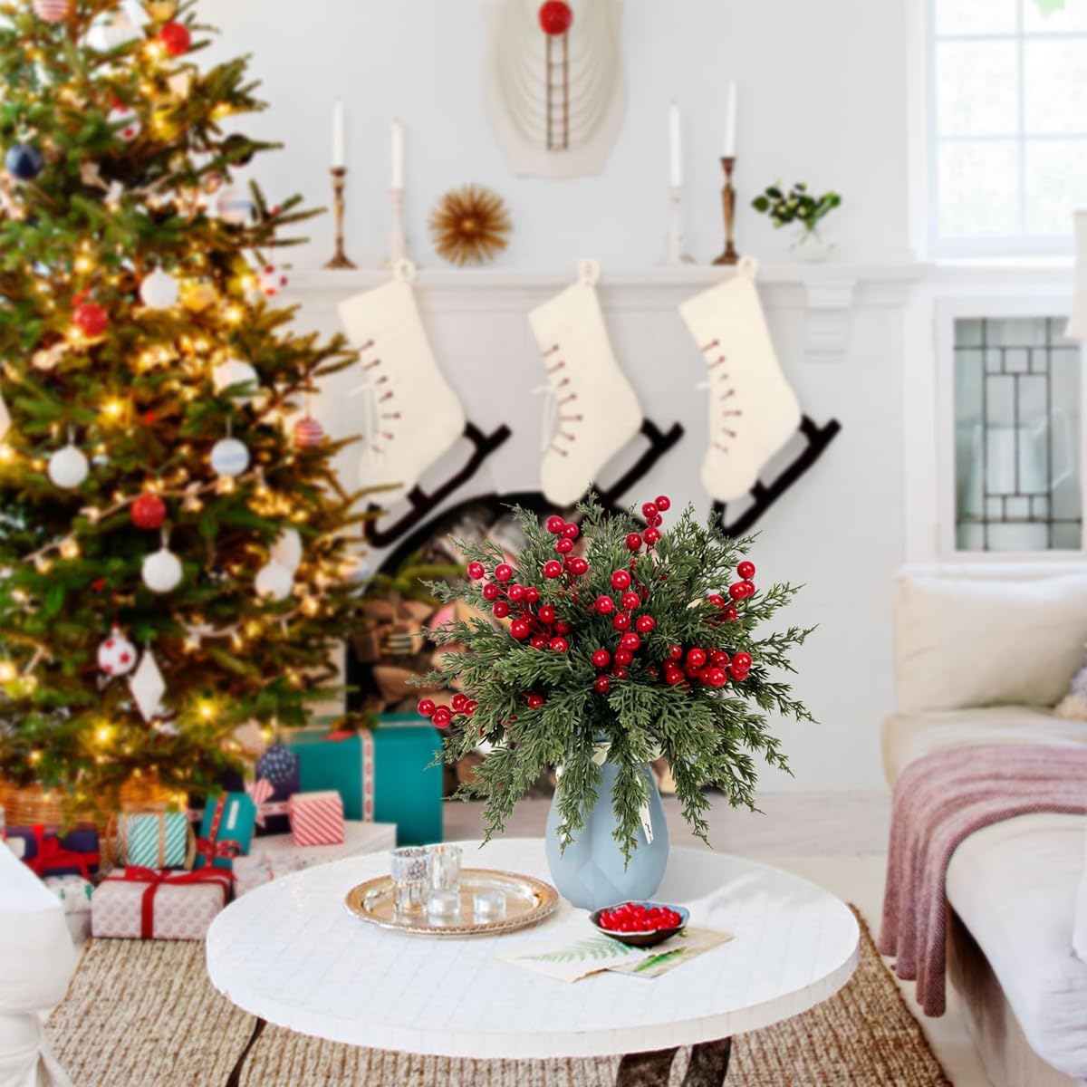 HASTHIP Christmas Pine Branches for Xmas Decor with 35 Pine Picks and 10 Red Berry Stems | Realistic Artificial Needles for Tree Garland and Wreaths