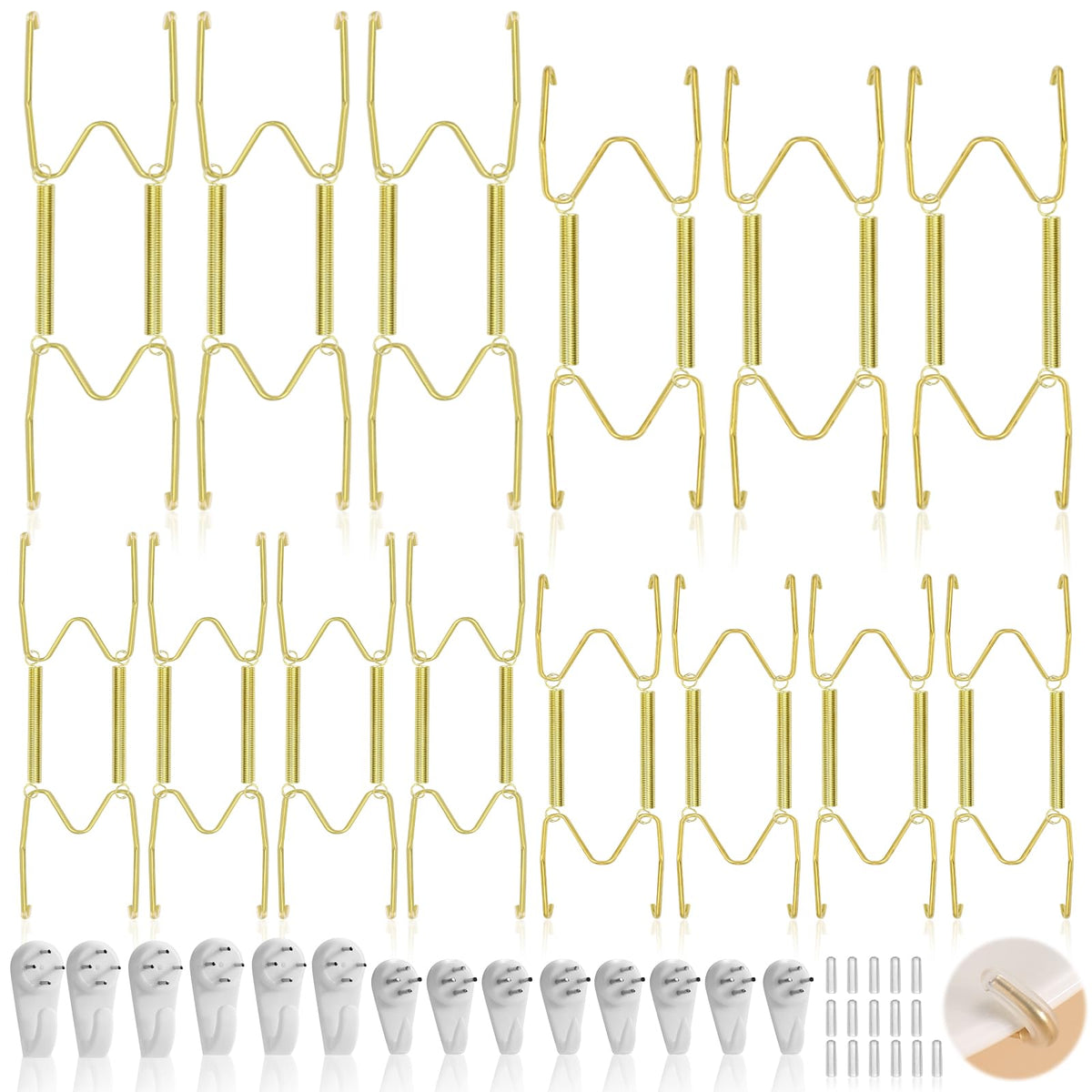 HASTHIP® Set of 12 Gold Stainless Steel Plate Hangers for Wall Display, Spring-Loaded Plate Holders for 5.5-12.5'' Plates, Wall Mount Dish Hooks for Ceramic, Porcelain & Collectible Plates