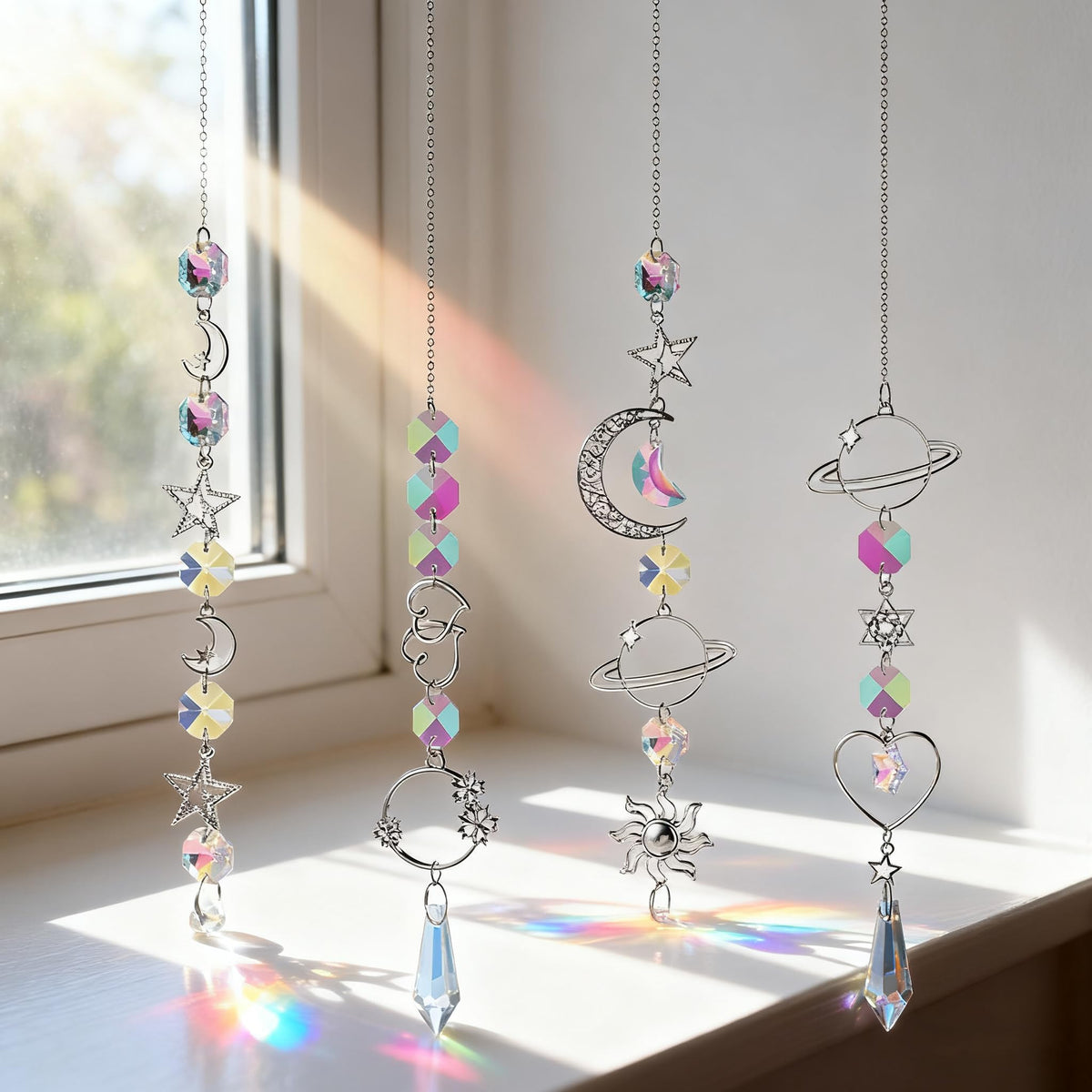 HASTHIP Suncatcher Charm Set of 4 for Home Decor with 34cm Sun and Moon Crystal Design
