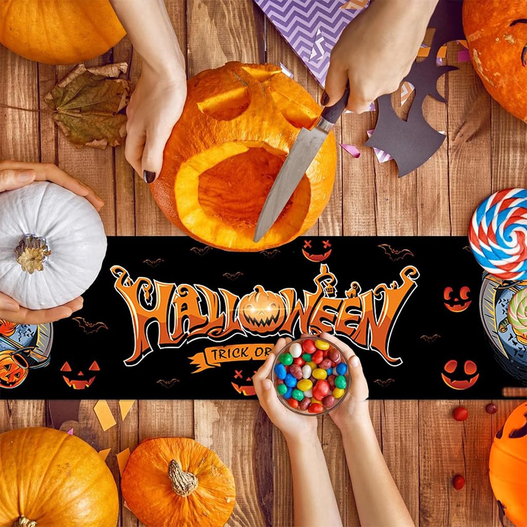 HASTHIP Halloween Table Runner for Dining Table featuring Evil Pumpkin Print 13x72 in | Washable Linen Decor