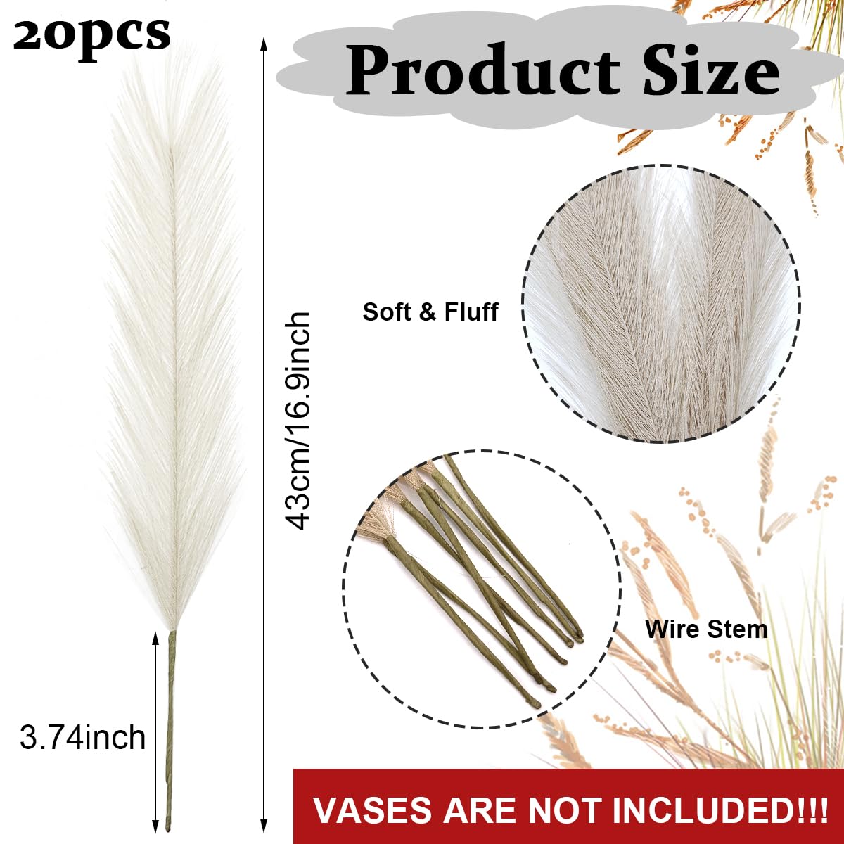 HASTHIP Faux Beige Pampas Grass Decor for Vase Filler and Home Display 20PCS 18in | Elegant Artificial Floral for Wedding and Farmhouse Rooms