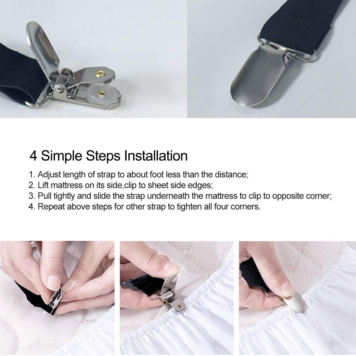 HASTHIP Bedsheet Holder for Neated Corners with Adjustable 95–175 cm Straps and Metal Clips | 2 Pcs Set