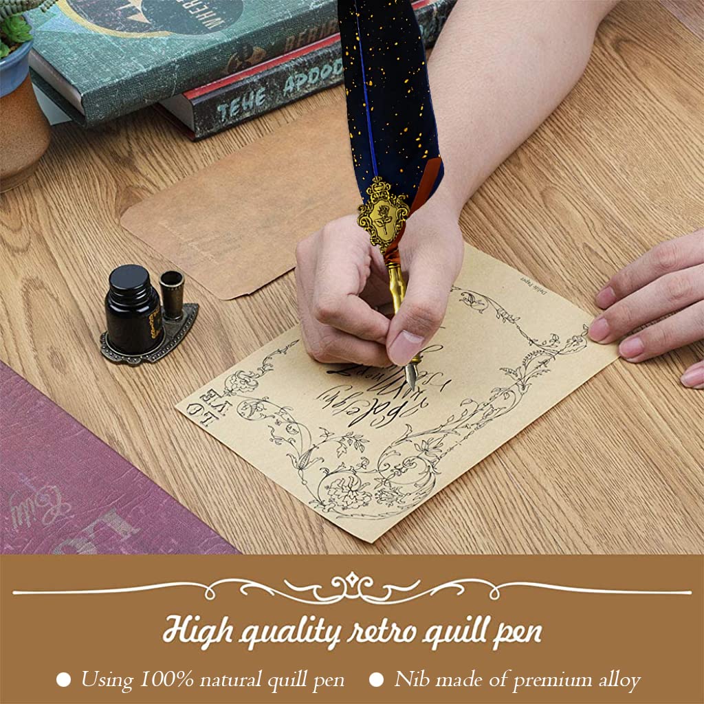 HASTHIP Quill Pen Ink Wax Seal Stamp Gift Set with 5 Nibs and 3 Wax Sticks | Feather & Brass Design