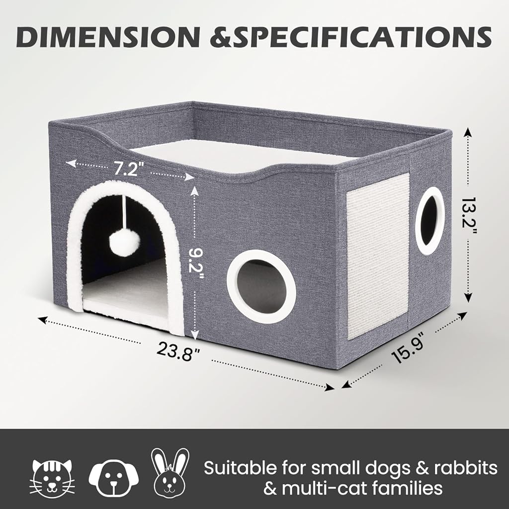 HASTHIP® Foldable Cat House, Cat Bed for Indoor Cats, for Cat Multi Opens Game Tunnel for Cat Double Layer Cat House with Atop Platform & Cat Scratcher Board DIY Assembly Cat House All Season Use