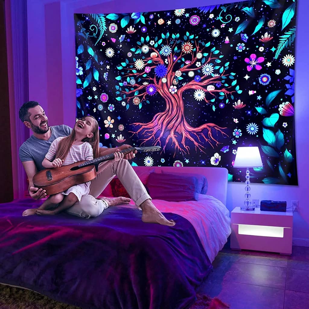 HASTHIP Tree of Life Tapestry for Wall Decor featuring UV Light Reactive Glow | 51in x 59in 2PCS