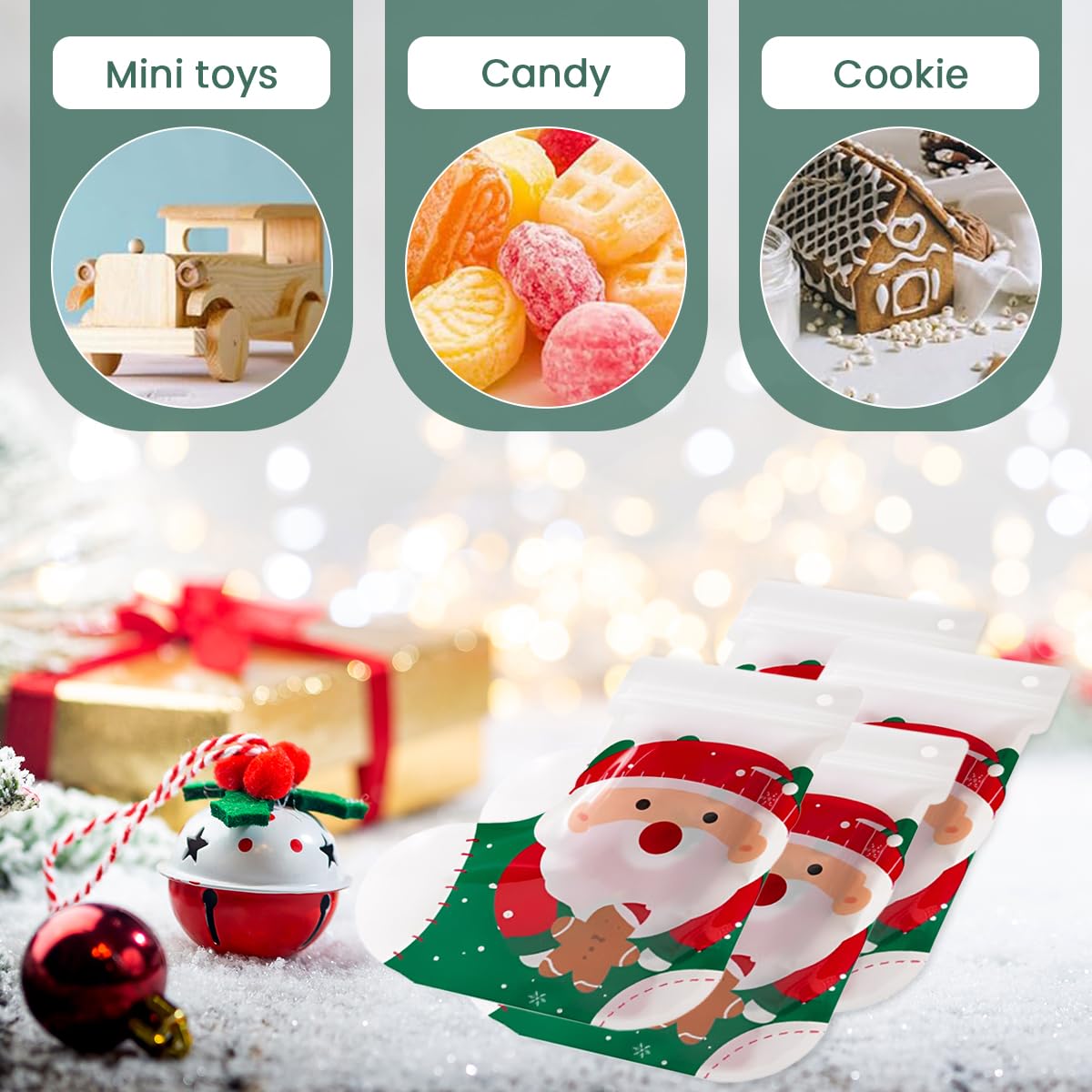 HASTHIP Christmas Gift Bags for Holiday Parties with Ziplock Closure 18.5x22 cm Pack of 10 | Festive Santa Stocking Design