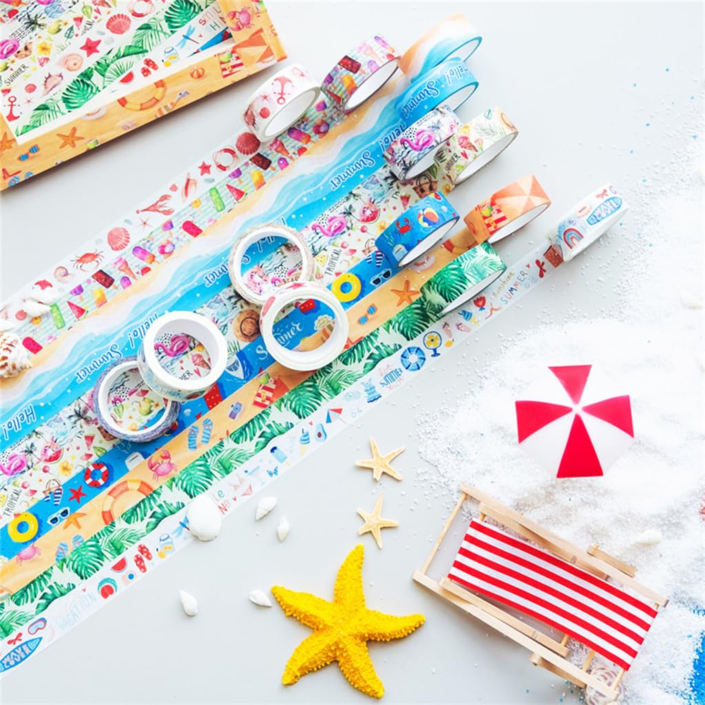 HASTHIP Washi Tape Set for Journals and Scrapbooking featuring 10 Rolls 15mm x 5m | Summer Ocean Designs