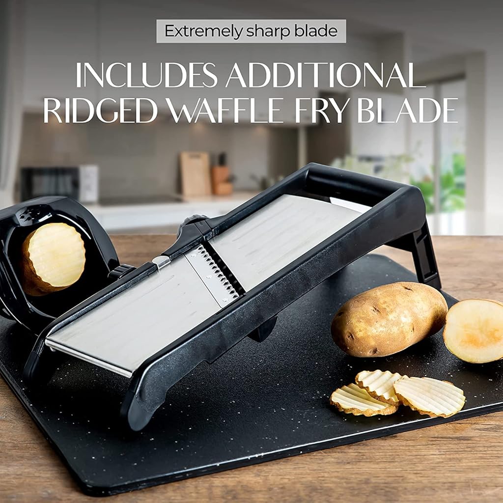 HASTHIP® Adjustable Mandoline Slicer for Kitchen, Potato Cutter, Vegetable Chopper, Mandolin- Include One Pair Cut-Resistant Gloves With a Small Brush-Black