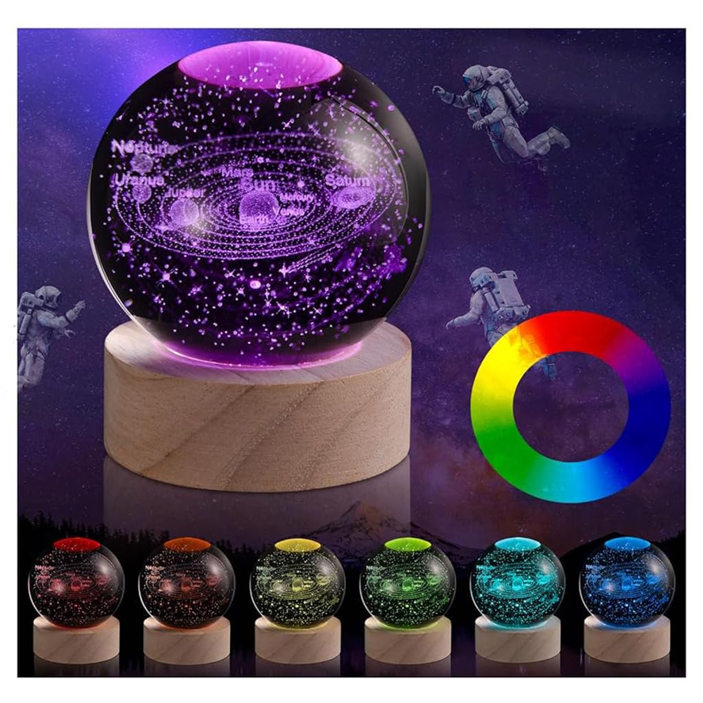 3D Solar System Crystal Ball Night Light, 7 Colors Change Glass Ball Lamp with LED Light Wooden Base, Solar System Lamp for Bedroom Home Decor, Birthday Astronomy Space Gifts for Kids Friend