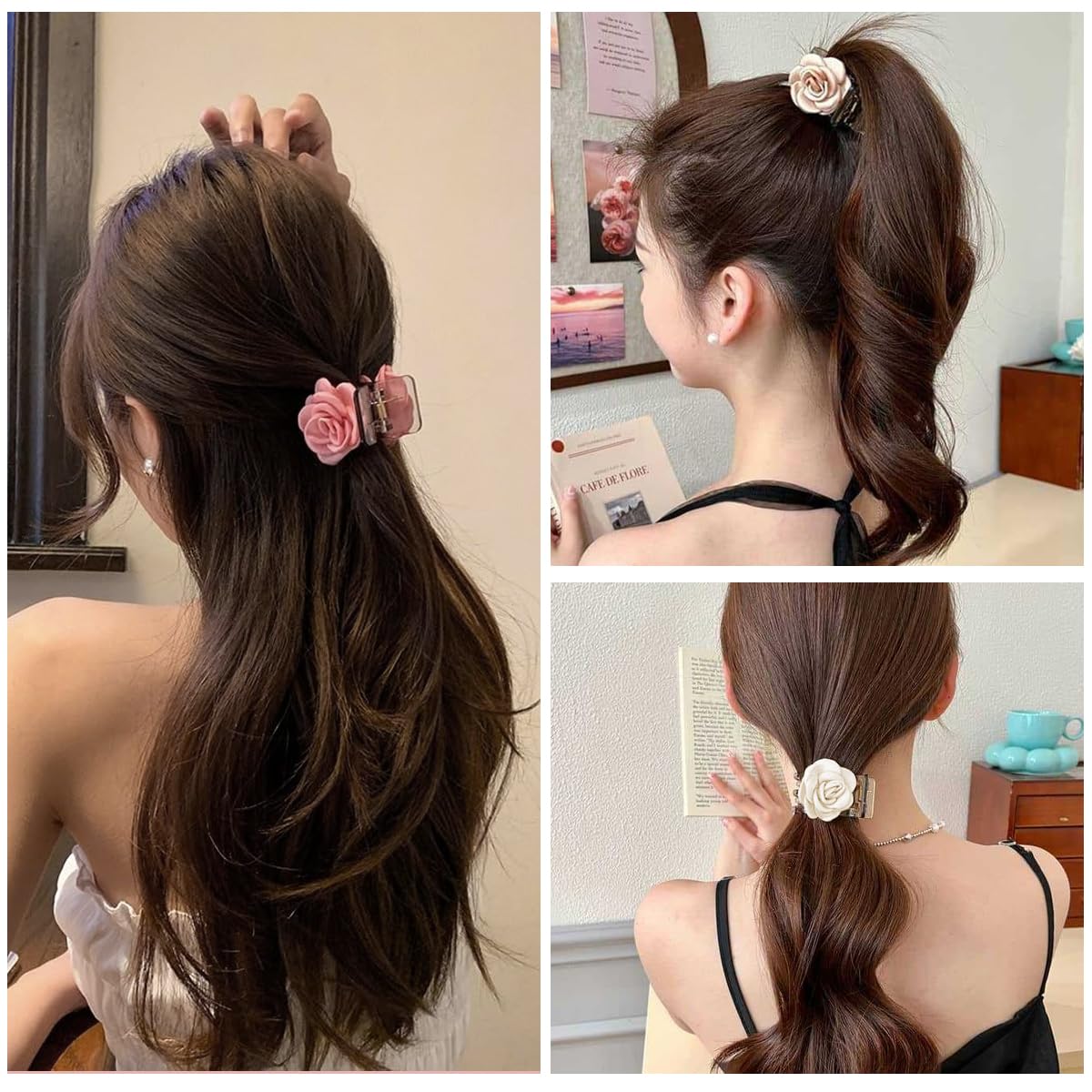 HASTHIP® 3 Piezas Clips de Garra con Flor de Rosa,Pinzas Pelo Acrílicas con Resorte Fuerte,Accesorios Elegantes para Mujeres y Niñas Estilo Medio Recogido Ligero y Duradero