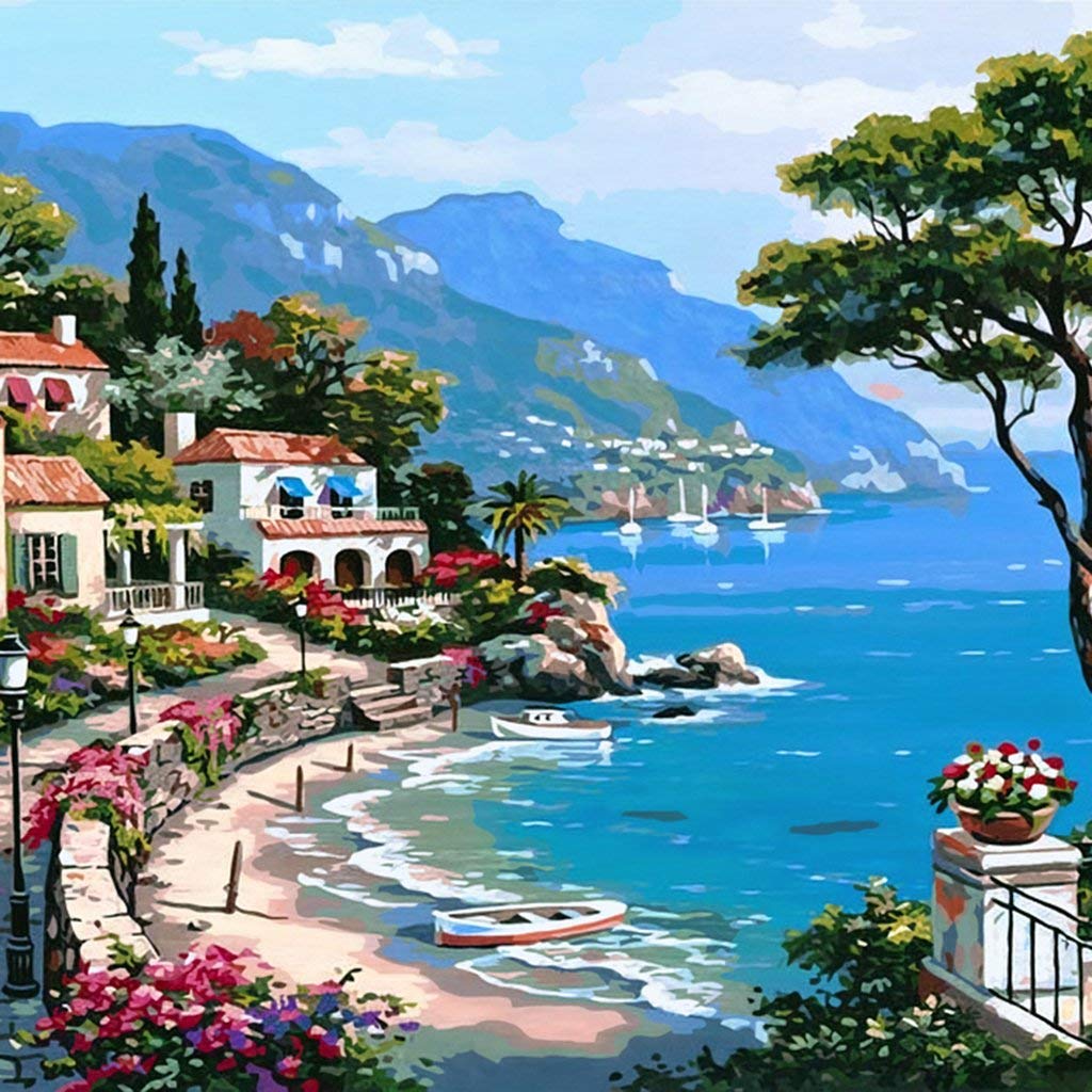 HASTHIP® 2Pcs DIY Paint By Numbers for Adults Canvas Oil Painting Kit, Unframed 15.8x19.7 Inches, Complete Beginners Art Set, Brushes & Gift-Ready Packaging, Romantic Spring & Coastal Town Scenery