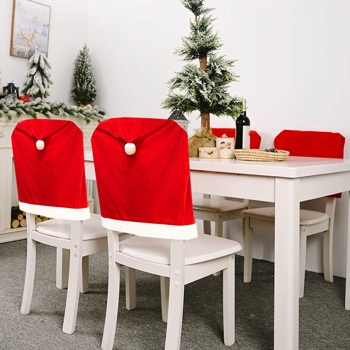 HASTHIP® 6PCS Christmas Chair Covers, Red Hat Dining Chair Slipcovers, Christmas Chair Back Covers Kitchen Chair Covers for Xmas Holiday Festival Kitchen Bar Dining Room Table Decor