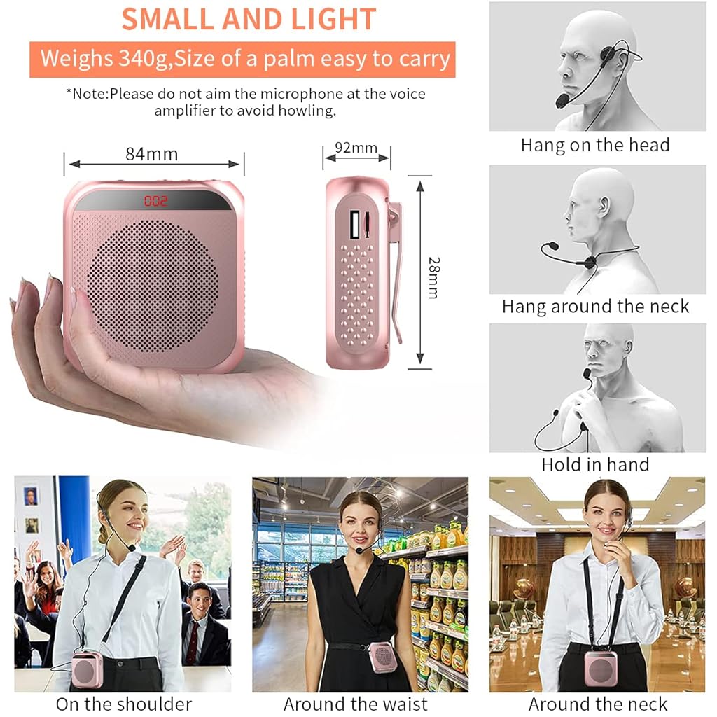 HASTHIP® YourBrand Voice Amplifier, Portable Microphone Headset Speaker System for Teachers, 2200mAh Rechargeable Battery, Bluetooth, TF Card/USB Playback, 3.5mm Aux, Lightweight, Clear Sound, for