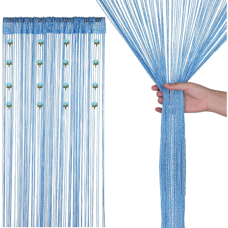 HASTHIP Thread Curtain for Doorway and Window Decor featuring 3.3ft x 6.6ft Blue Flower Strings | Polyester Partition Panel