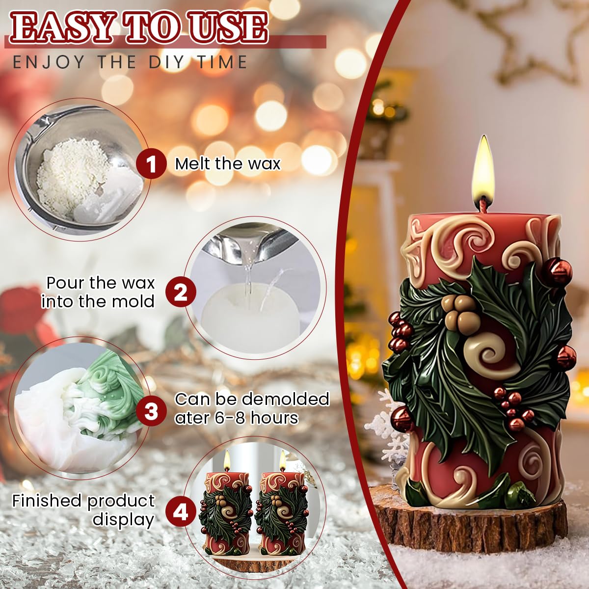 HASTHIP Christmas Candle Silicone Molds for DIY Candle Making featuring 64 x 65 x 101 mm Design | Flexible Non Stick Mold for Holiday Crafts and Gifts