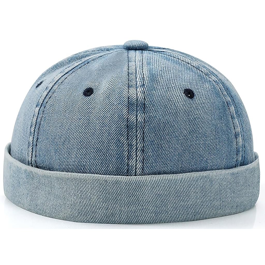 HASTHIP® Gustave Gorra Beanie de Mezclilla Lavada para Hombre, Sombrero Skull Plano Casual, Borde Enrollado, Accesorio de Streetwear, 56-60cm