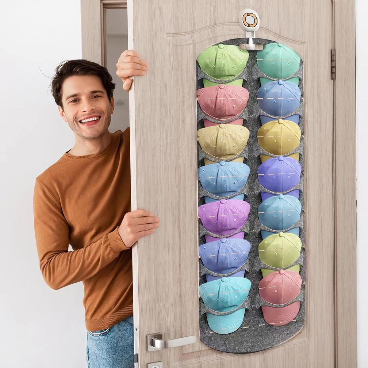 HASTHIP Hat Organizer for Baseball Caps with 14 Pocket Over Door Design | Felt Storage Holder