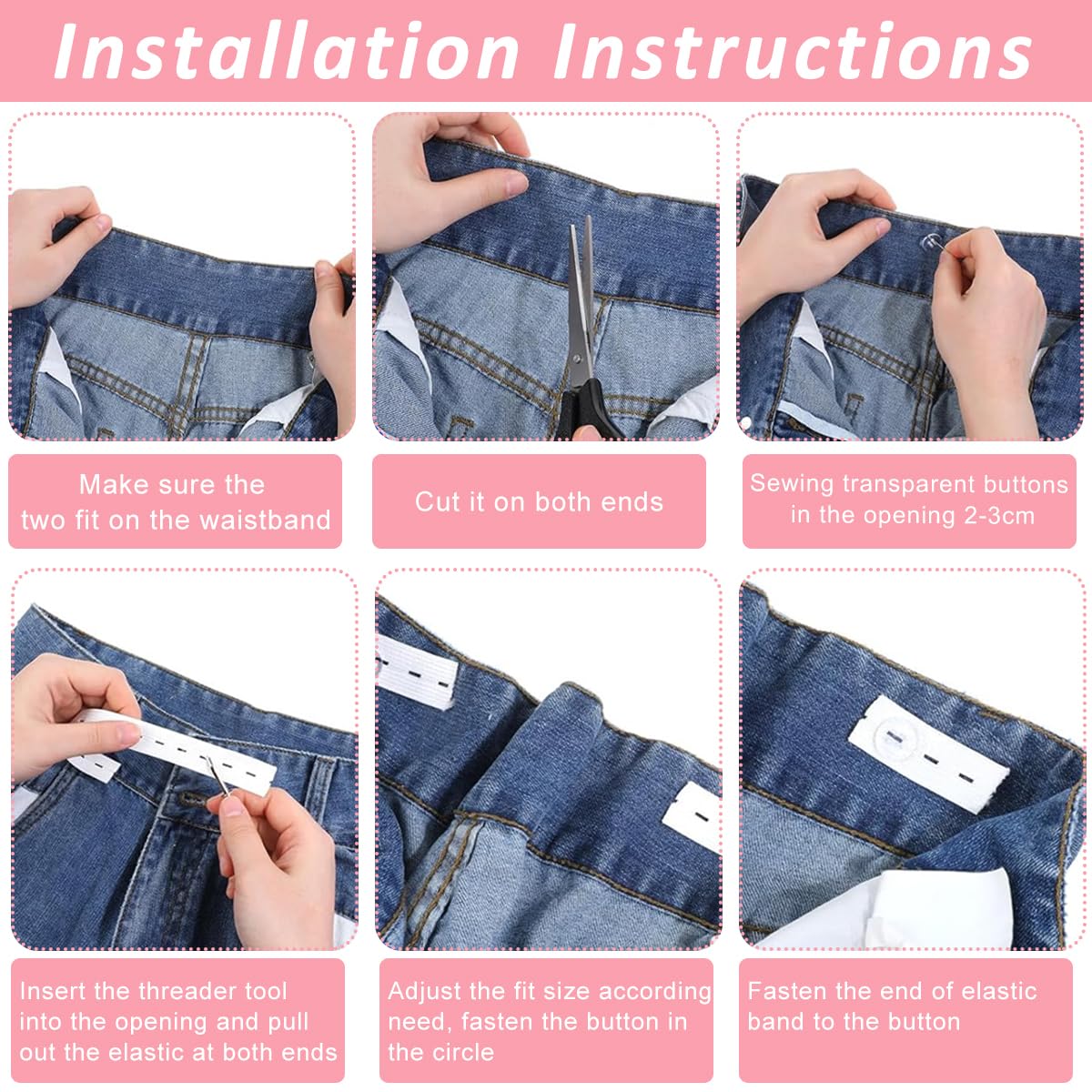 HASTHIP Pant Waist Tightener for Loose Pants with 22cm Elastic Bands and Buttonholes | 10 Bands 40 Buttons Sew Kit