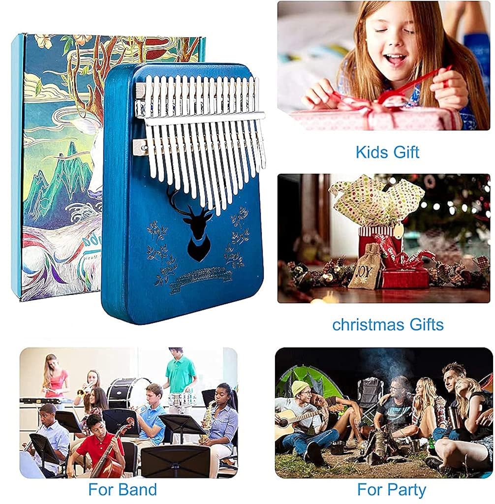 HASTHIP® Kalimba Piano de Pulgar 17 Teclas,Instrumento Musical de Madera con Martillo Afinación,Bolsa Pegatinas Libro Aprendizaje Protección Dedos Regalo Portátil para Niños y Adultos