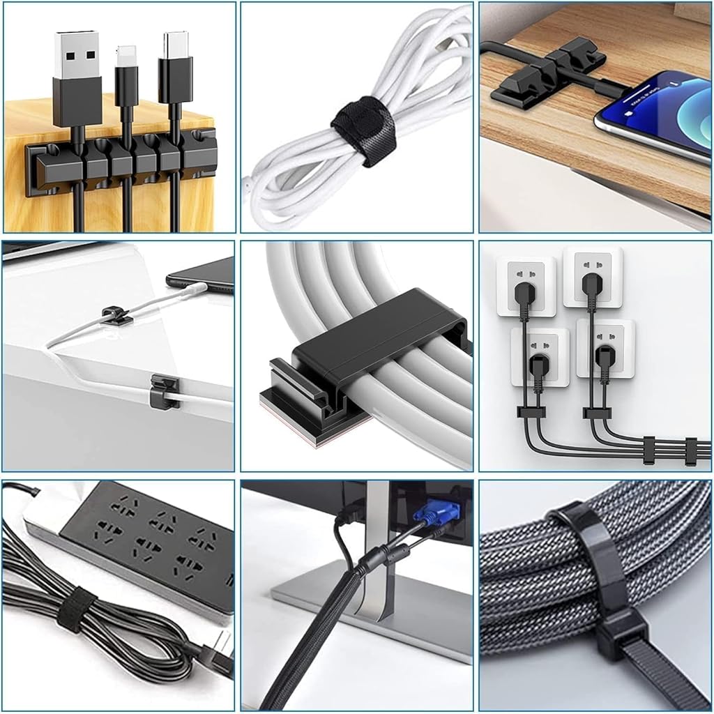 HASTHIP® Cable Management Kit |146Pcs Tidy for Home Office Under Desk- 100 Wire Organizer Ties, 5 Upgrade Silicone Holder, 2 Sleeve, 28 Adhesive Clips, 1 Roll Organiser Straps etc, Black