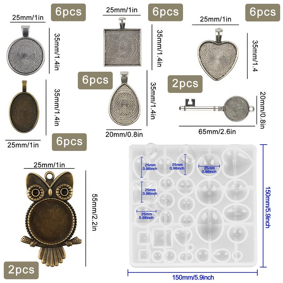 HASTHIP Resin Molds Set for DIY Jewelry Making with 35 Pcs and 7 Style Metal Pendant Trays