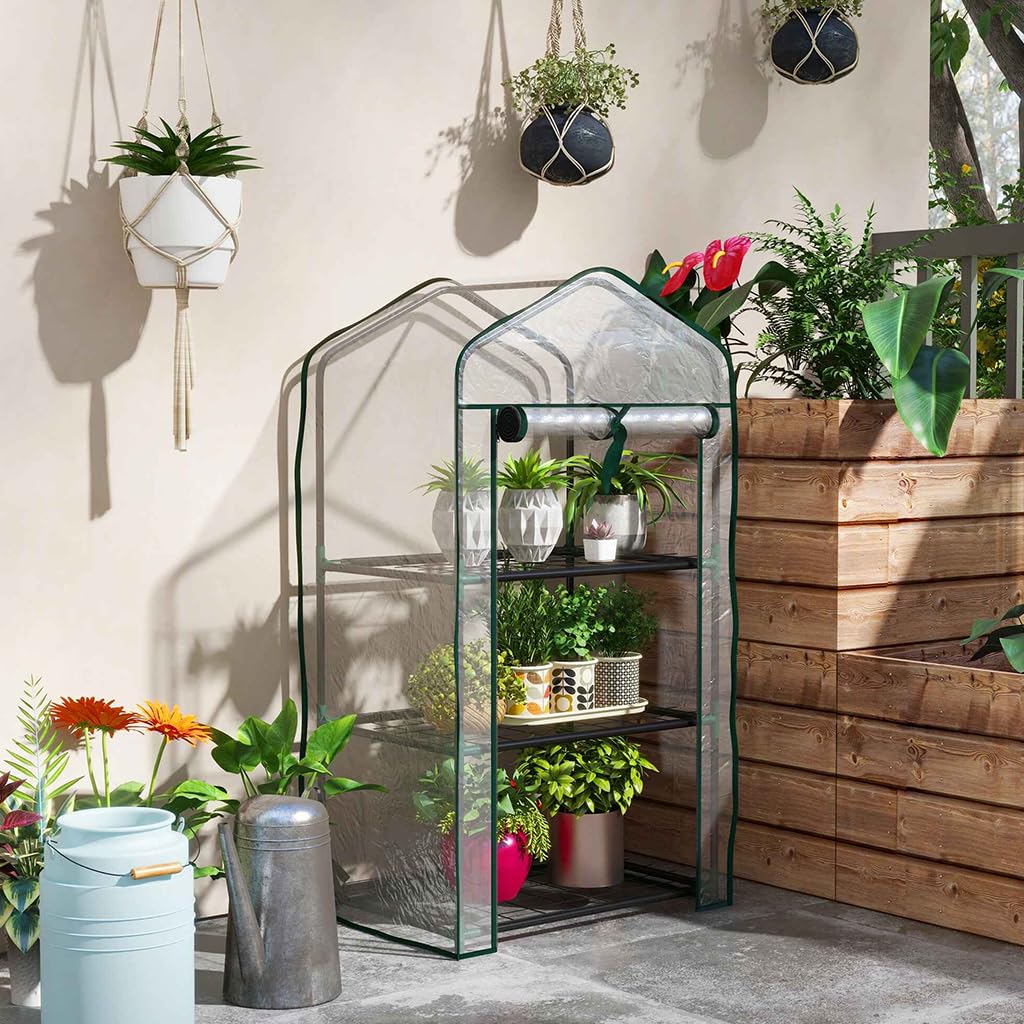 HASTHIP Mini Greenhouse for Indoor and Outdoor Gardening with Triple-Layer Shelf 59x39x126cm