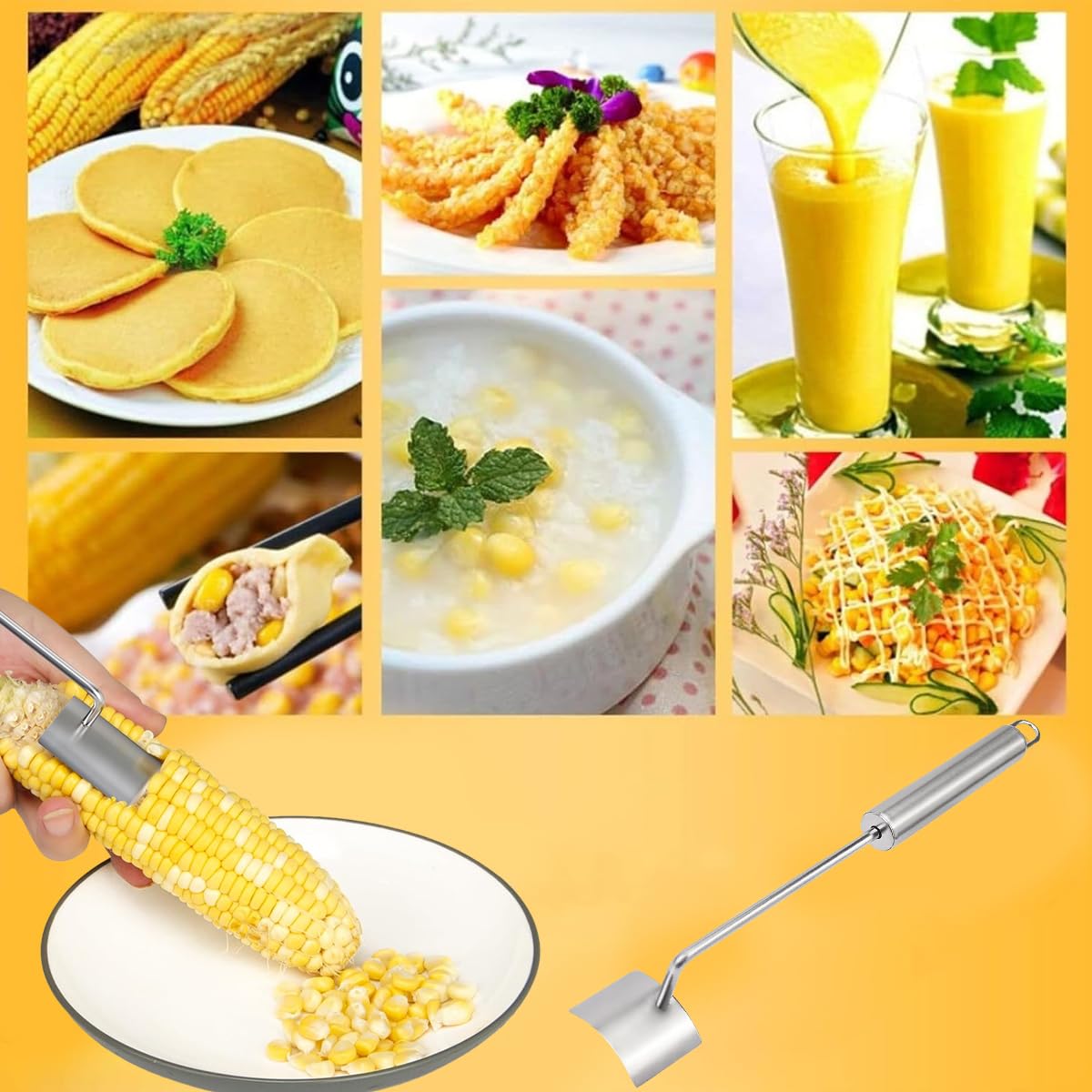 HASTHIP® Kitchen Corn Peeler Kernels Stripper Stainless Steel Corn Peeler Anti-Slip Long Handle Corn Peeler Quick Corn Stripper Remover Kitchen Corn Peeler for Salad, Corn Juice