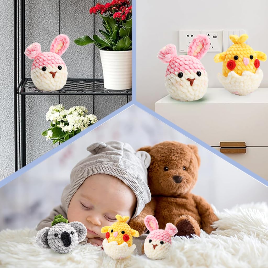 4Pcs DIY Crochet Kit Set Cartoon Chenille Animals Crochet Stuffed Animal Kit Stuffed Toy Desk Decor Keychain Pendent Starter Crochet Cute DIY Cartoon Crocheting Kit DIY Gift for Kids, Adults