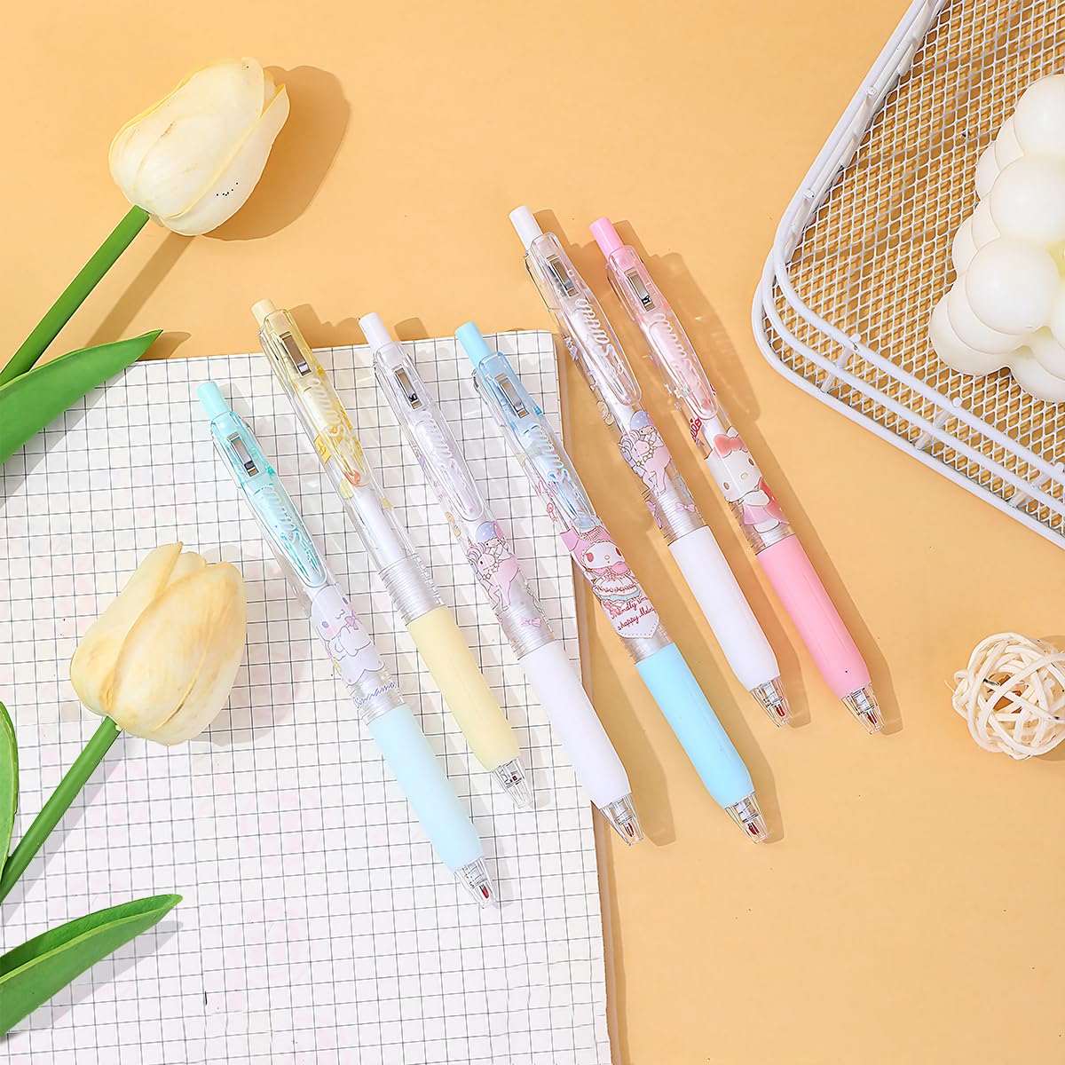 HASTHIP® 6Pcs Kawaii Click Pens Cute Sanrio Series Pens 0.5mm Black Click Pens Office School Stationeries Supplies Gift Click Ball Pen Set