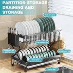 HASTHIP Kitchen Dish Rack with Double Layer Drain System and Utensil Storage | 40x28x31.5cm Carbon Steel