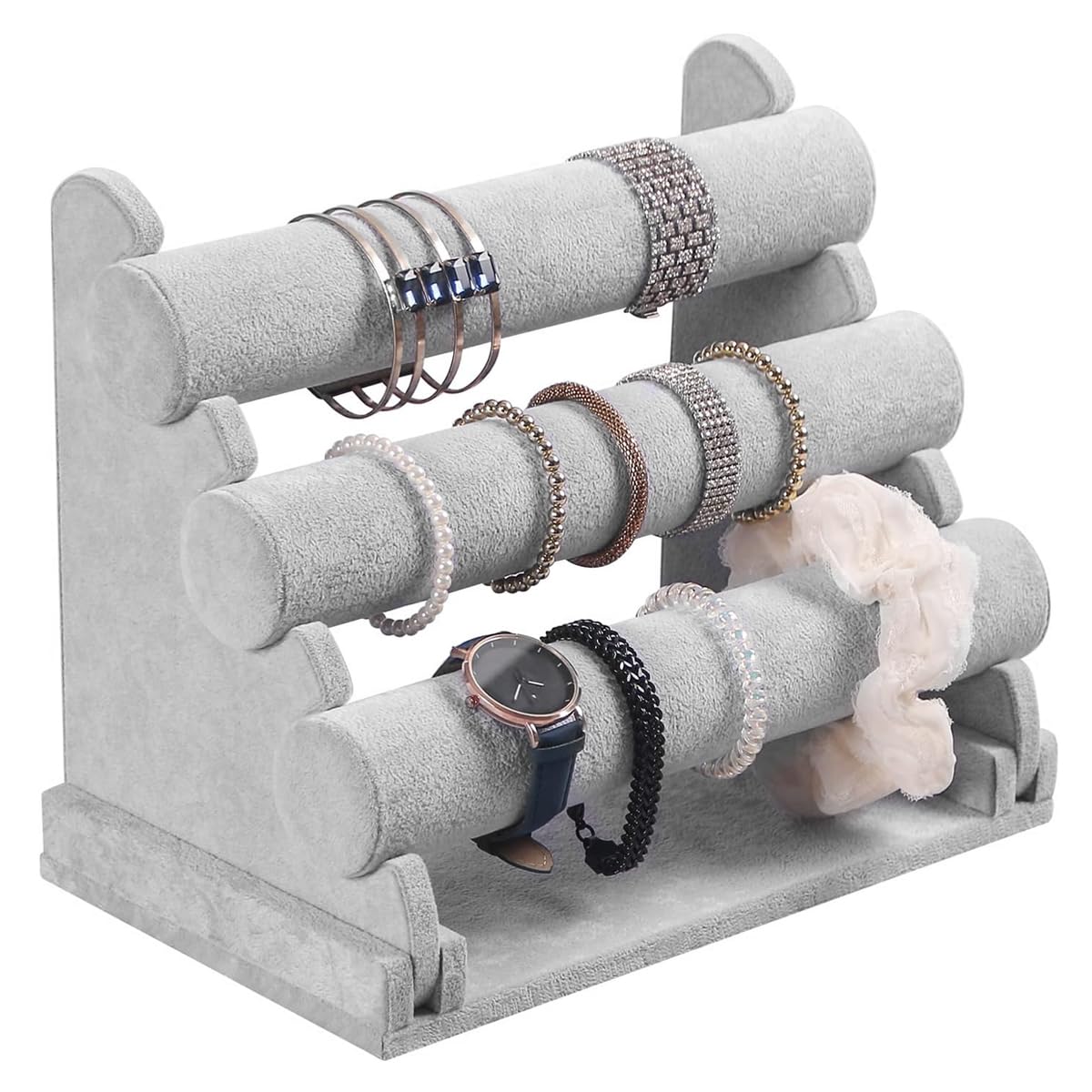 HASTHIP® Organizador de Pulseras de 3 Niveles,Soporte Exhibición para Relojes y Brazaletes,Estante Terciopelo Desmontable para Joyería Almacenamiento y Decoración Escritorio Gris