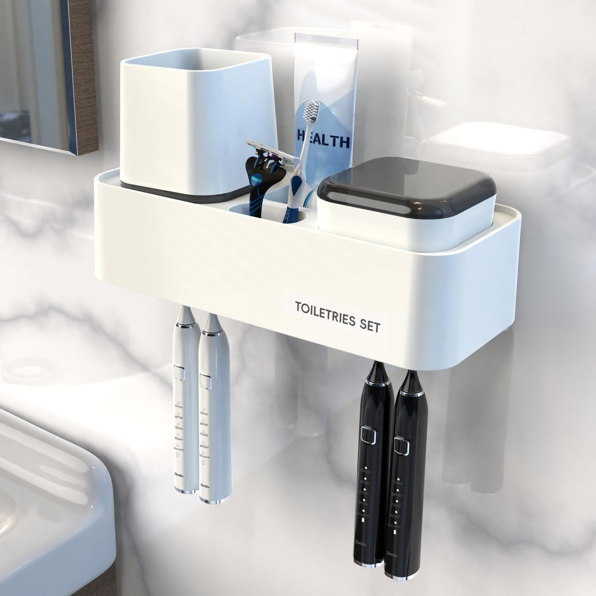 HASTHIP® Wall Bathroom Organizer Toothbrush Drain Rack with Dustproof Lids No Drill Wall Toiletries Toothpaste Storage Holder Modern Bathroom Toiletries Organizer
